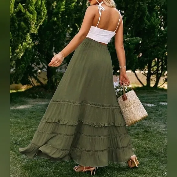 New Boho Flowy Ruffle Lace Long Skirt Olive Green
