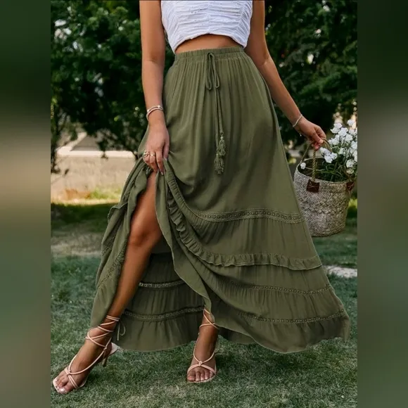 New Boho Flowy Ruffle Lace Long Skirt Olive Green