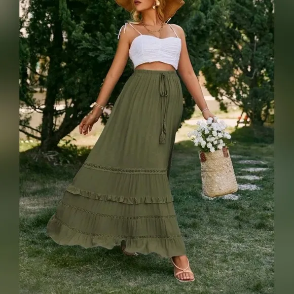 New Boho Flowy Ruffle Lace Long Skirt Olive Green