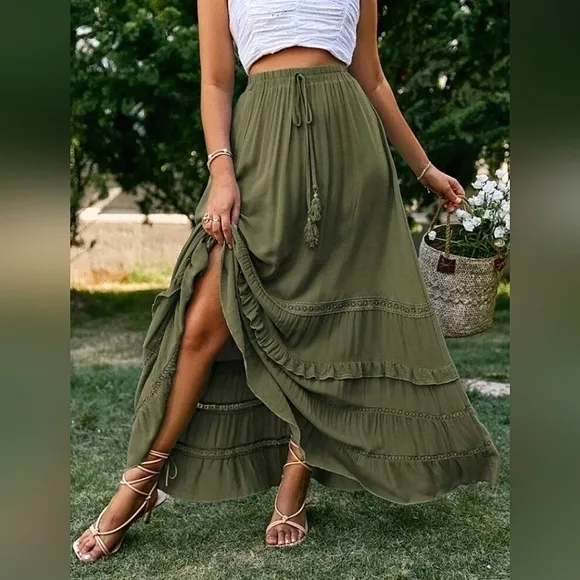 New Boho Flowy Ruffle Lace Long Skirt Olive Green