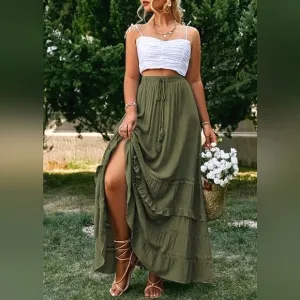 New Boho Flowy Ruffle Lace Long Skirt Olive Green