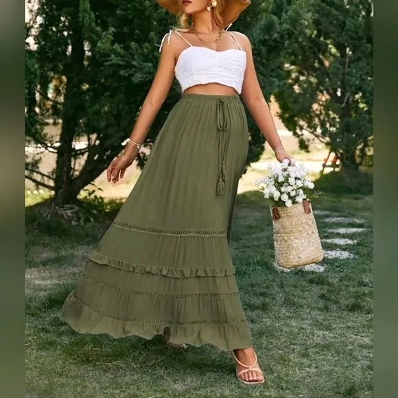 New Boho Flowy Ruffle Lace Long Skirt Olive Green