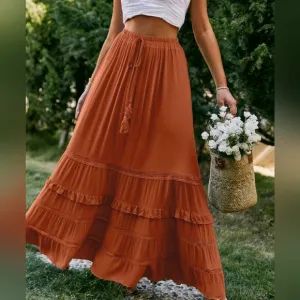 New Boho Flowy Ruffle Lace Long Skirt Red Rust Orange