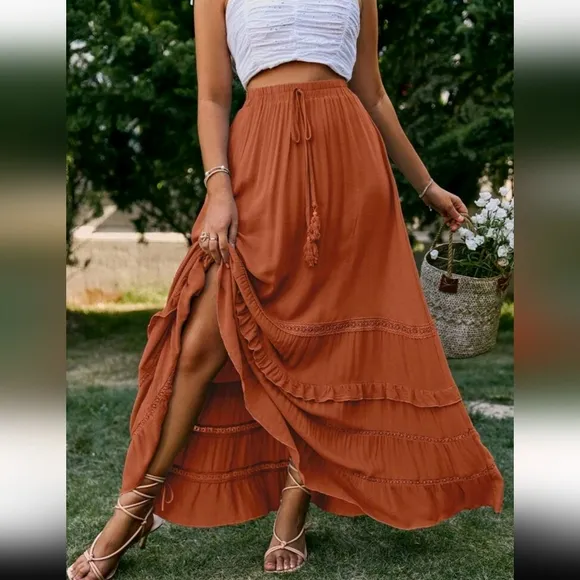 New Boho Flowy Ruffle Lace Long Skirt Red Rust Orange