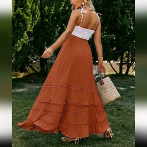 New Boho Flowy Ruffle Lace Long Skirt Red Rust Orange
