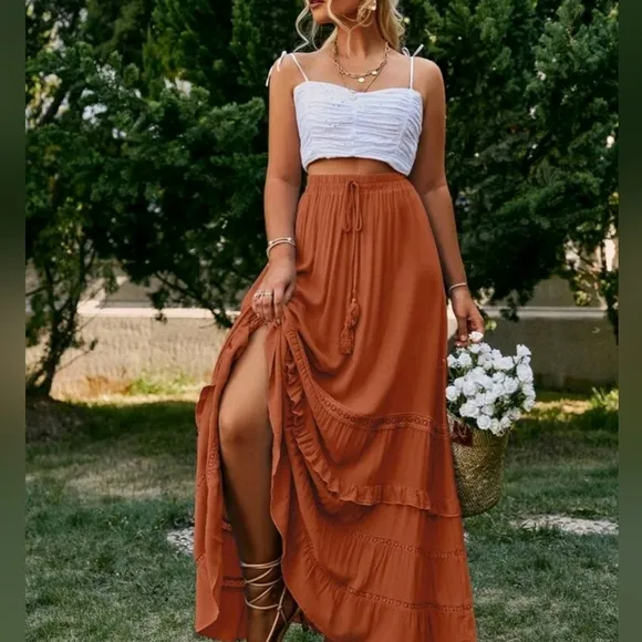 New Boho Flowy Ruffle Lace Long Skirt Red Rust Orange