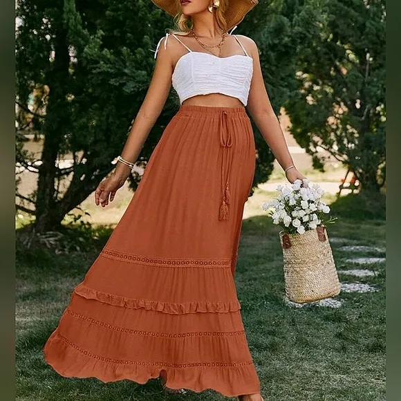 New Boho Flowy Ruffle Lace Long Skirt Red Rust Orange