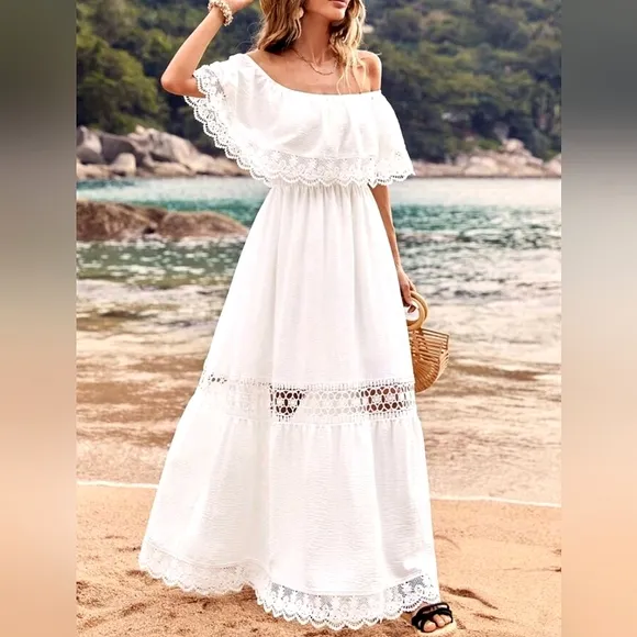 New Boho Lace Inset Popover Off Shoulder Maxi Dress White
