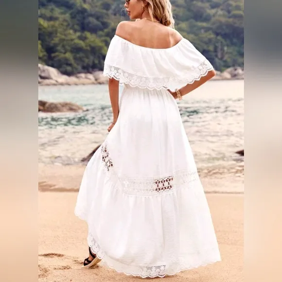 New Boho Lace Inset Popover Off Shoulder Maxi Dress White