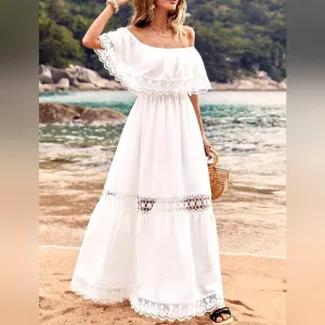 New Boho Lace Inset Popover Off Shoulder Maxi Dress White