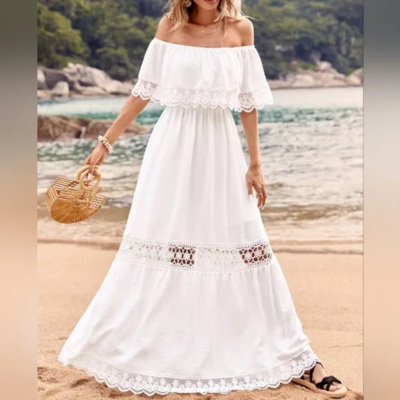 New Boho Lace Inset Popover Off Shoulder Maxi Dress White