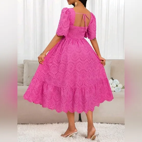 New Boho Scalloped Embroidered Lace Midi Dress Bright Pink