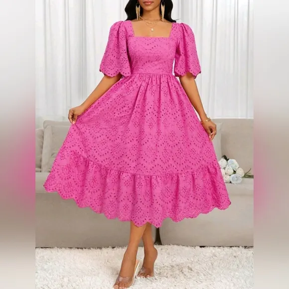New Boho Scalloped Embroidered Lace Midi Dress Bright Pink
