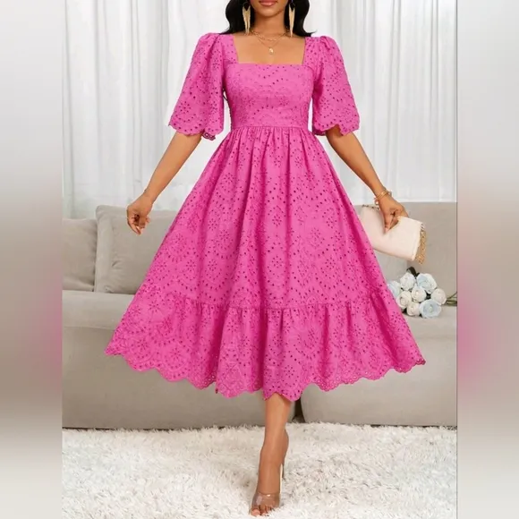 New Boho Scalloped Embroidered Lace Midi Dress Bright Pink