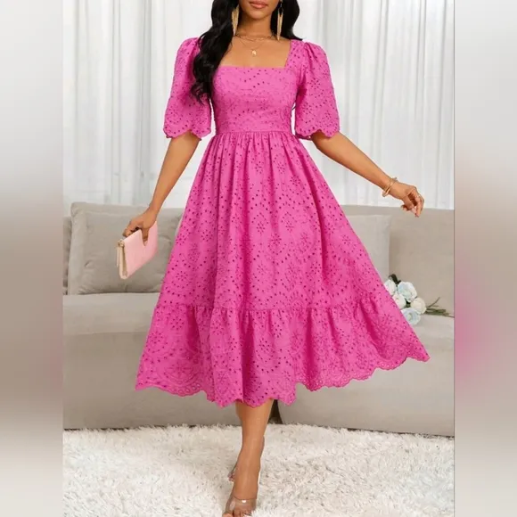 New Boho Scalloped Embroidered Lace Midi Dress Bright Pink