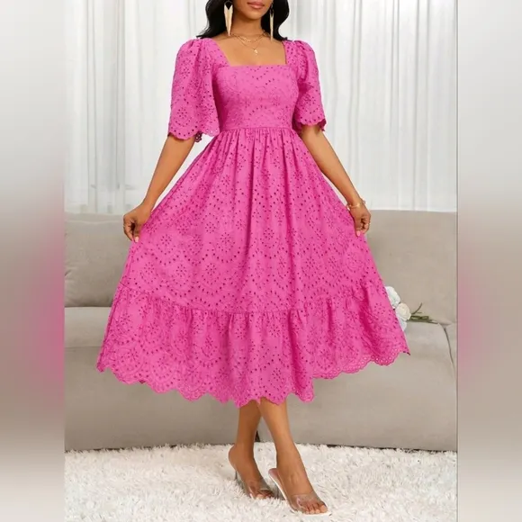 New Boho Scalloped Embroidered Lace Midi Dress Bright Pink
