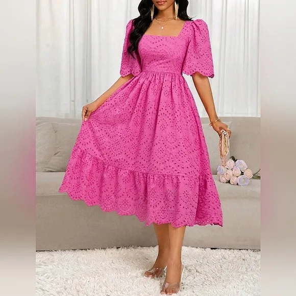 New Boho Scalloped Embroidered Lace Midi Dress Bright Pink