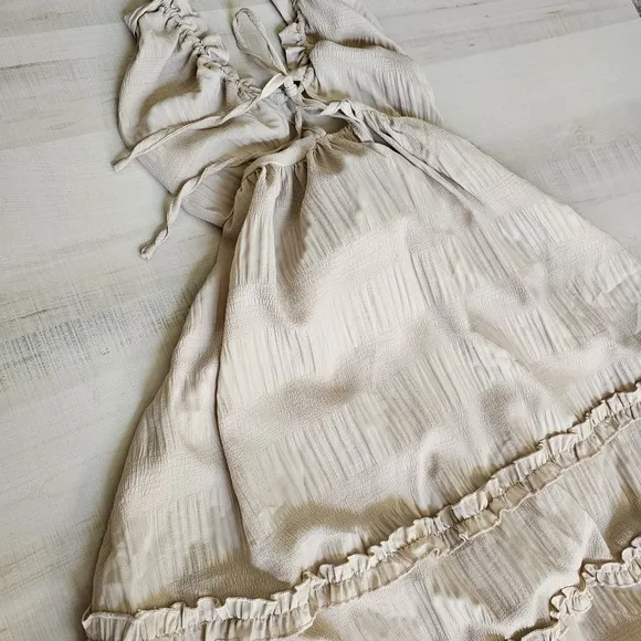 NEW Boho Tie Back Halter Ruffle Maxi Dress Beige Tan Nude