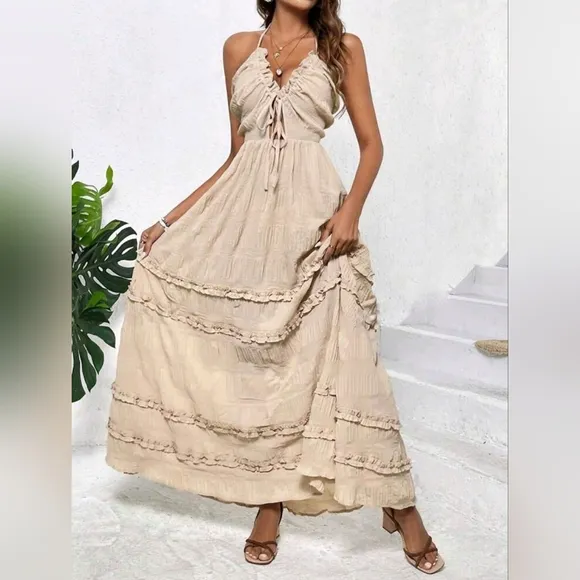 NEW Boho Tie Back Halter Ruffle Maxi Dress Beige Tan Nude