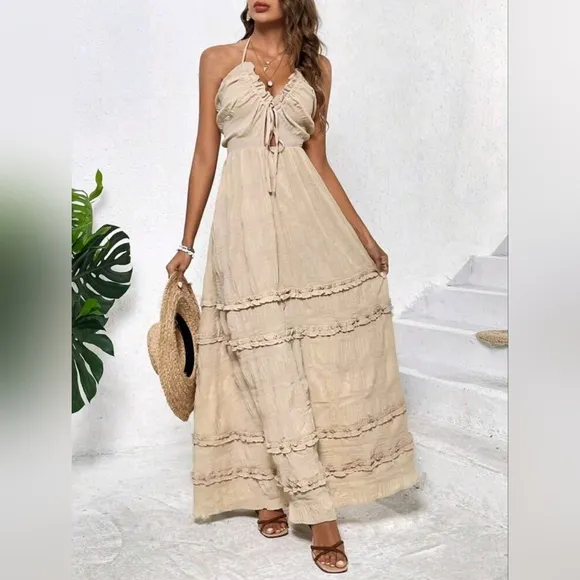 NEW Boho Tie Back Halter Ruffle Maxi Dress Beige Tan Nude