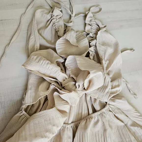 NEW Boho Tie Back Halter Ruffle Maxi Dress Beige Tan Nude