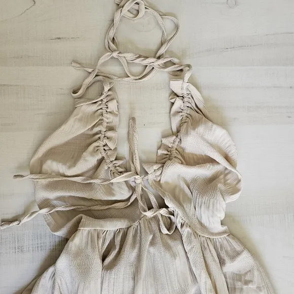 NEW Boho Tie Back Halter Ruffle Maxi Dress Beige Tan Nude