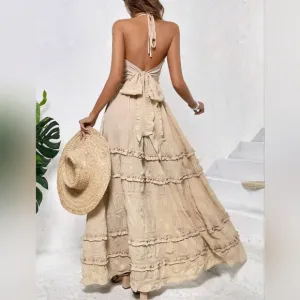 NEW Boho Tie Back Halter Ruffle Maxi Dress Beige Tan Nude
