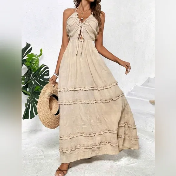 NEW Boho Tie Back Halter Ruffle Maxi Dress Beige Tan Nude