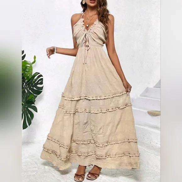 NEW Boho Tie Back Halter Ruffle Maxi Dress Beige Tan Nude