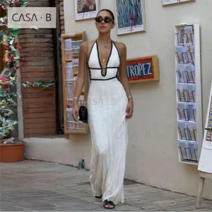 NEW!💫 CASA B | St. Tropez Crochet White &amp; Black Backless Beach Maxi Dress