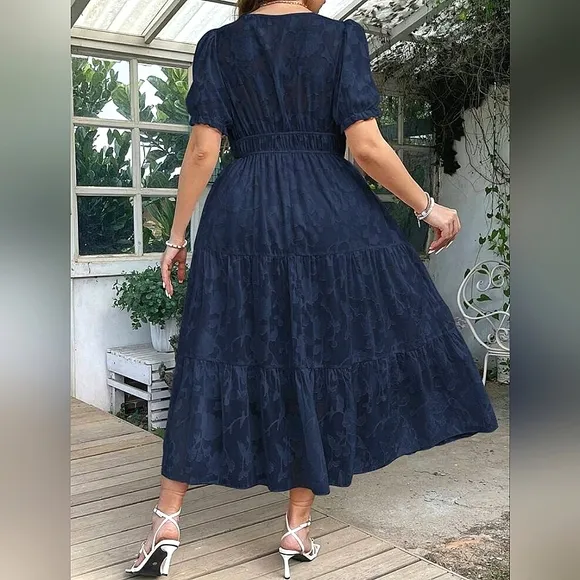 New Chic Jacquard Floral Wrap Top Tiered Long Dress Navy Blue