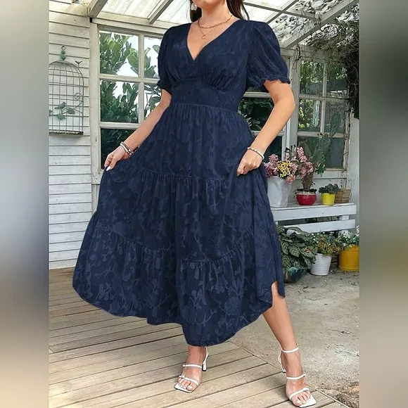 New Chic Jacquard Floral Wrap Top Tiered Long Dress Navy Blue