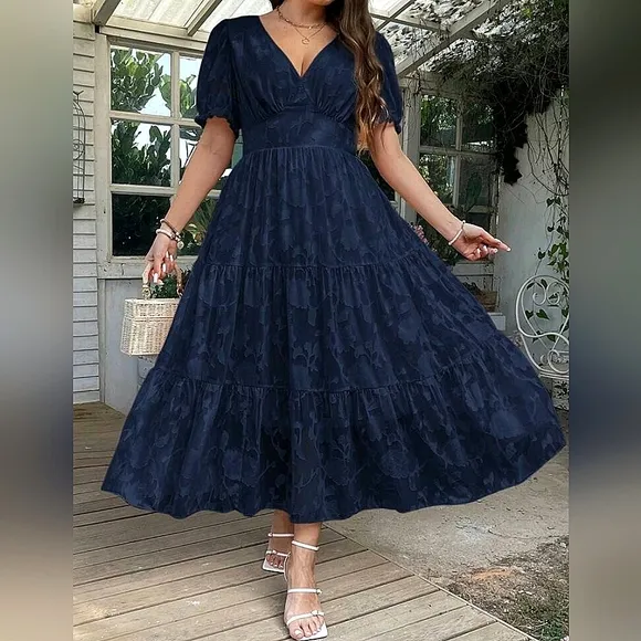 New Chic Jacquard Floral Wrap Top Tiered Long Dress Navy Blue