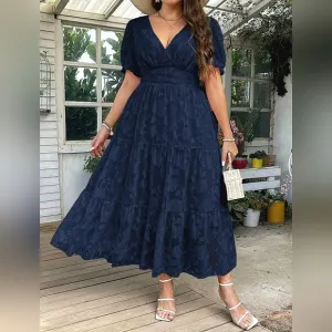 New Chic Jacquard Floral Wrap Top Tiered Long Dress Navy Blue