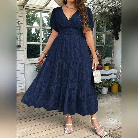 New Chic Jacquard Floral Wrap Top Tiered Long Dress Navy Blue