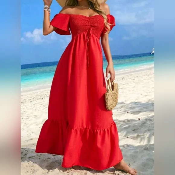 New Chic Ruched Front Off Shoulder Maxi Ruffle Dress Red
