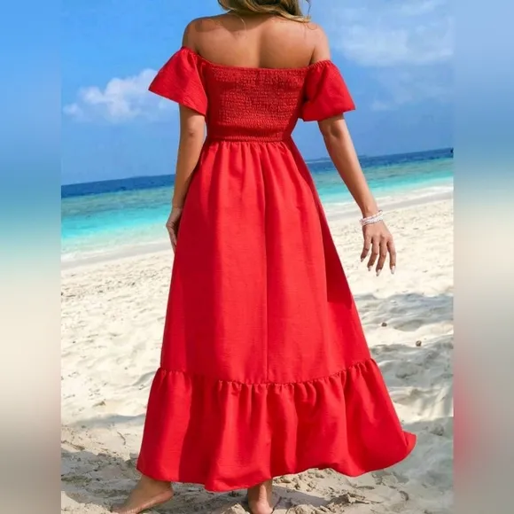New Chic Ruched Front Off Shoulder Maxi Ruffle Dress Red