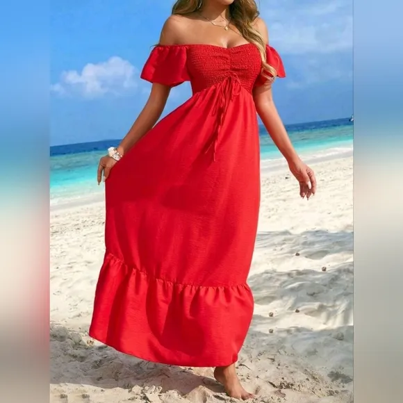 New Chic Ruched Front Off Shoulder Maxi Ruffle Dress Red