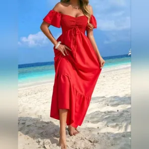 New Chic Ruched Front Off Shoulder Maxi Ruffle Dress Red