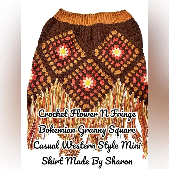 NEW Crochet Granny Square Bohemian Flower N Fringe Western Casual Skirt Tassels