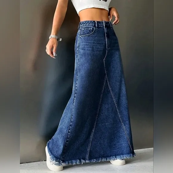 New Distressed Hem Patchwork Maxi Denim Skirt Medium Dark Wash Blue