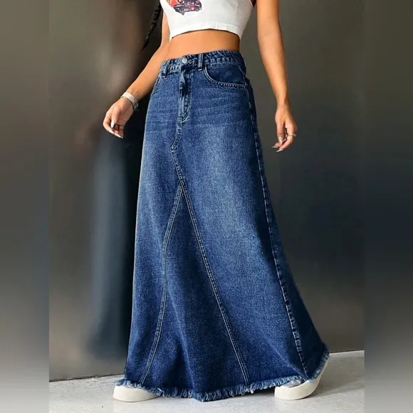 New Distressed Hem Patchwork Maxi Denim Skirt Medium Dark Wash Blue