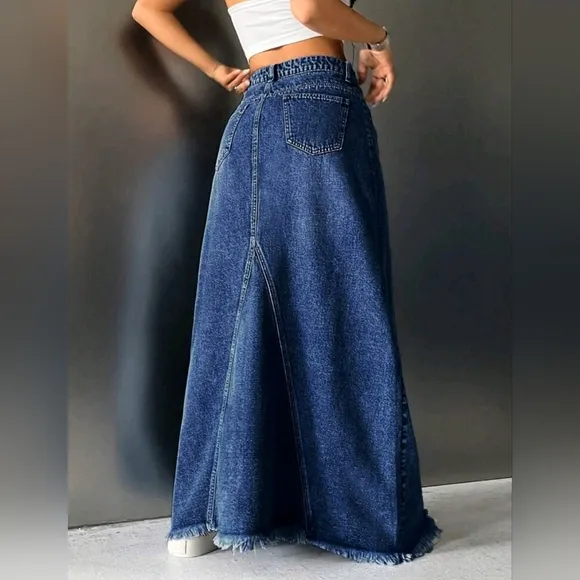 New Distressed Hem Patchwork Maxi Denim Skirt Medium Dark Wash Blue