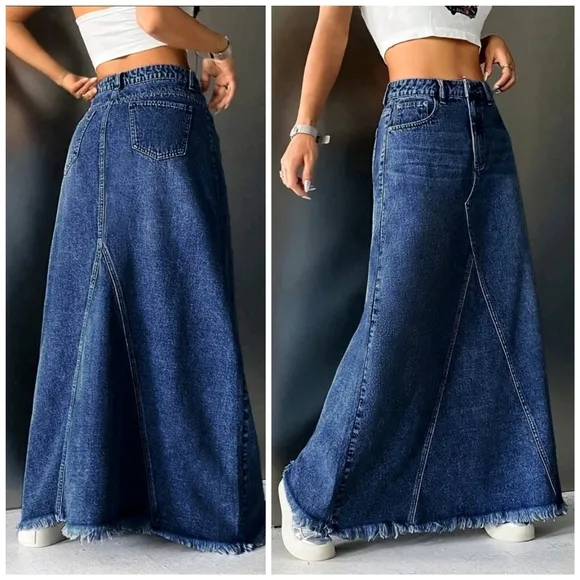 New Distressed Hem Patchwork Maxi Denim Skirt Medium Dark Wash Blue