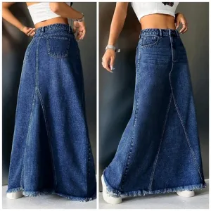 New Distressed Hem Patchwork Maxi Denim Skirt Medium Dark Wash Blue