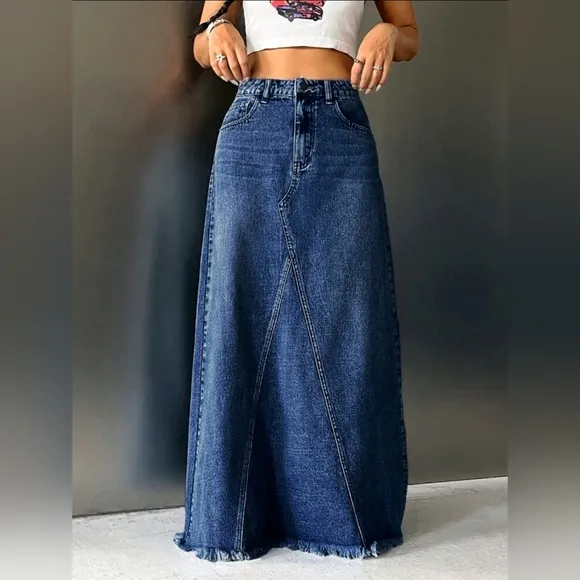New Distressed Hem Patchwork Maxi Denim Skirt Medium Dark Wash Blue