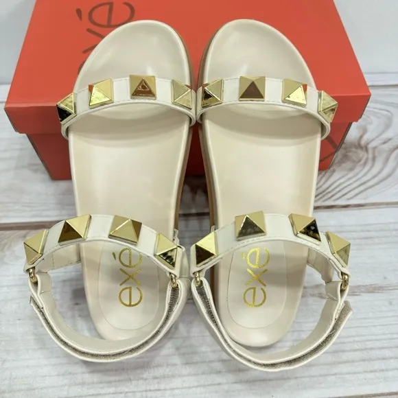 NEW exe Cream Beige Vegan Leather Gold Studded Molded Footbed Sandals