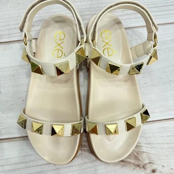 NEW exe Cream Beige Vegan Leather Gold Studded Molded Footbed Sandals