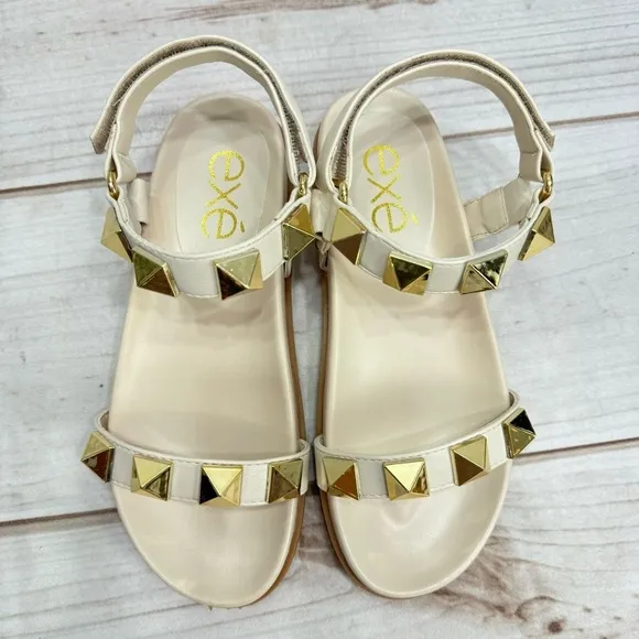 NEW exe Cream Beige Vegan Leather Gold Studded Molded Footbed Sandals