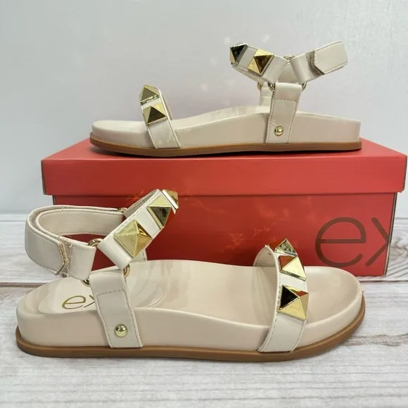 NEW exe Cream Beige Vegan Leather Gold Studded Molded Footbed Sandals